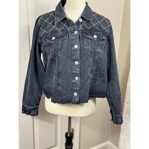 Thrill Jeans Women's 1X Denim Jacket Rhinestone Embellished Frayed Hem‎ Cropped